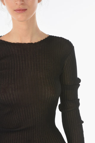 Long-sleeved Asymmetric Ribbed Stretch Cotton Top