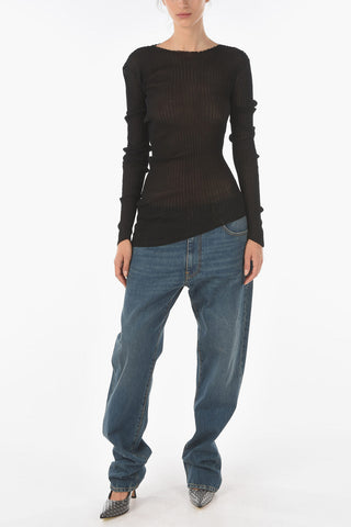 Long-sleeved Asymmetric Ribbed Stretch Cotton Top