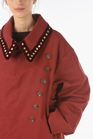 Raw-cut Coat with Chenille Band Detail on the Collar