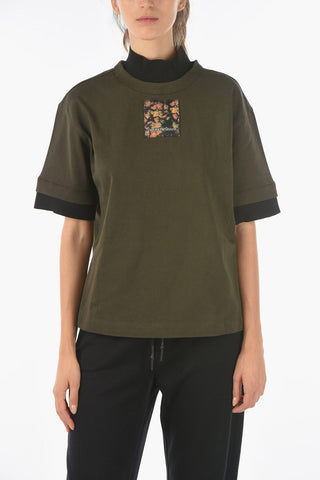 EMPORIO RECYCLED T-shirt Mock Neck in Tessuto Tecnico con Toppa Floreale