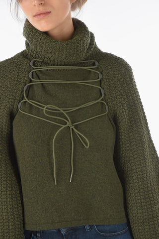 EMPORIO RECYCLED Turtleneck Cropped Sweater with Laces Detail