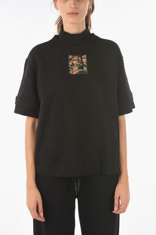 EMPORIO RECYCLED T-shirt Mock Neck in Tessuto Tecnico con Toppa Floreale