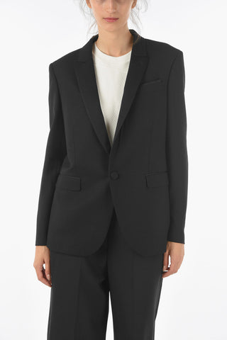 Virgin Wool Blend S/B ONE BUTTON Blazer with Honeycomb Pattern