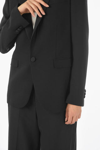 Virgin Wool Blend S/B ONE BUTTON Blazer with Honeycomb Pattern