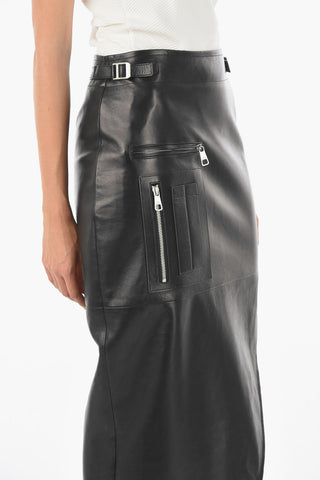 Leather CUT AWAY LEATHE TUBE Midi Skirt with Side Slit