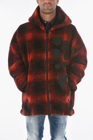Plaid Checkered Hooded Sweatshirt with Decorative Logoed Patches