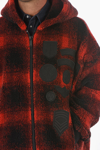 Plaid Checkered Hooded Sweatshirt with Decorative Logoed Patches