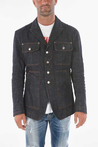 Giacca Sahariana in Denim Logata con Cuciture a Contrasto