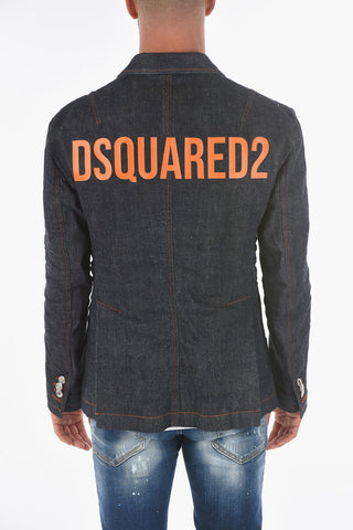 Giacca Sahariana in Denim Logata con Cuciture a Contrasto