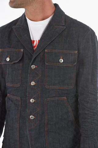 Giacca Sahariana in Denim Logata con Cuciture a Contrasto