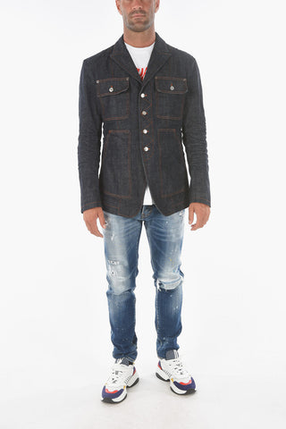 Giacca Sahariana in Denim Logata con Cuciture a Contrasto
