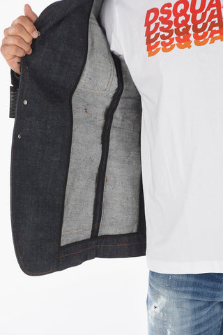 Giacca Sahariana in Denim Logata con Cuciture a Contrasto