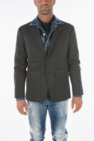 Pinstriped Blazer with Denim Chest Piece and Creasing Effect Details