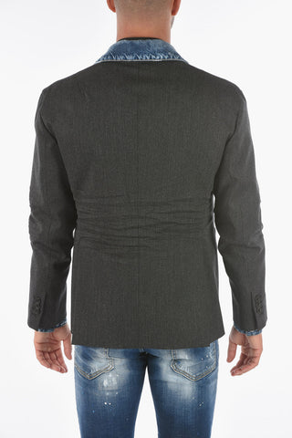 Pinstriped Blazer with Denim Chest Piece and Creasing Effect Details