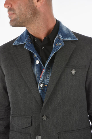 Pinstriped Blazer with Denim Chest Piece and Creasing Effect Details
