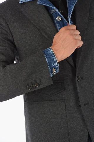 Pinstriped Blazer with Denim Chest Piece and Creasing Effect Details