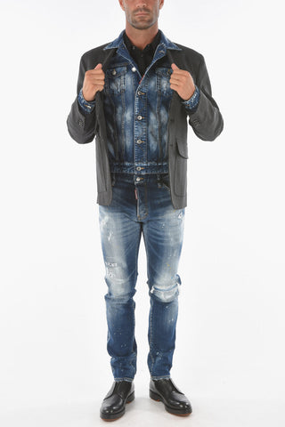 Pinstriped Blazer with Denim Chest Piece and Creasing Effect Details
