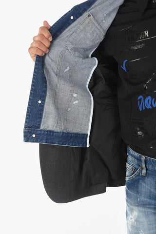 Pinstriped Blazer with Denim Chest Piece and Creasing Effect Details