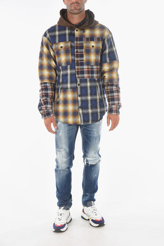 Overshirt con Cappuccio Trapuntata in Motivo Mix Check