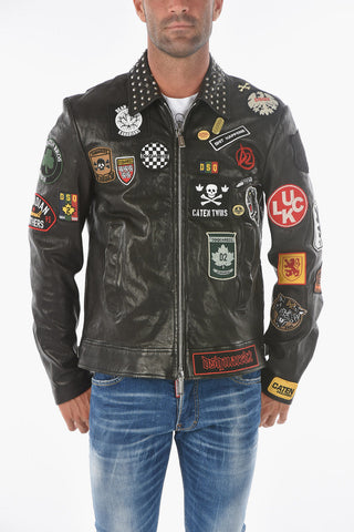 leather jacket with patches and studs on the collar