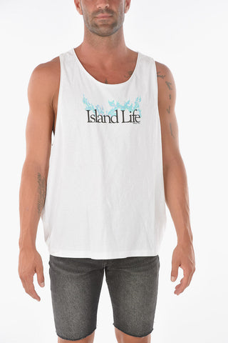 Printed ISLAND LIFE Tank Top with Raw-cut Edges