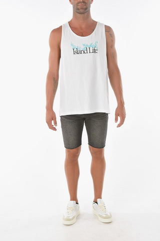 Printed ISLAND LIFE Tank Top with Raw-cut Edges