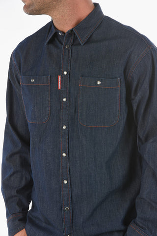 Camicia in Denim Logata con Cuciture a Contrasto