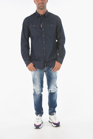 Camicia in Denim Logata con Cuciture a Contrasto