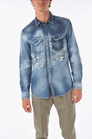 vintage effect stretch denim shirt with double breast pocket