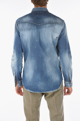 vintage effect stretch denim shirt with double breast pocket