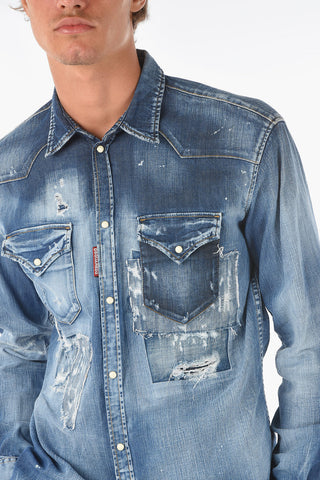 vintage effect stretch denim shirt with double breast pocket