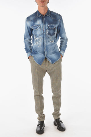 vintage effect stretch denim shirt with double breast pocket