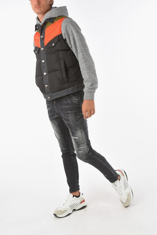 Piumino senza manica con rifiniture in denim