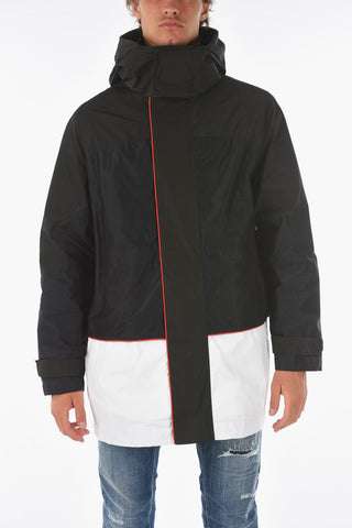 Hidden Closure Hooded Two-Tone Maxi Jacket