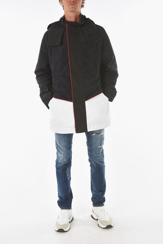Hidden Closure Hooded Two-Tone Maxi Jacket