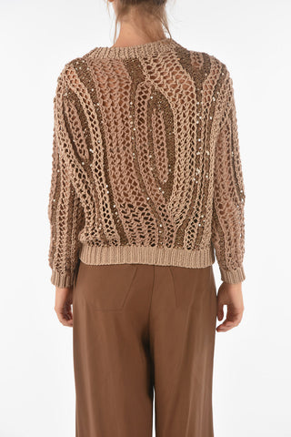 Maglia Girocollo Traforata con Paillettes