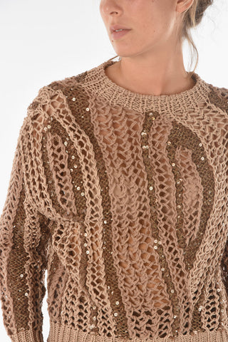 Maglia Girocollo Traforata con Paillettes