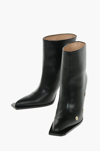Leather Ankle Booties with Metal Heel and Logoed Studded Details