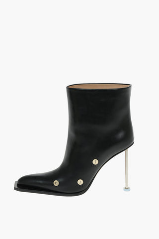 Leather Ankle Booties with Metal Heel and Logoed Studded Details