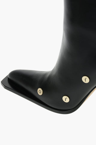 Leather Ankle Booties with Metal Heel and Logoed Studded Details