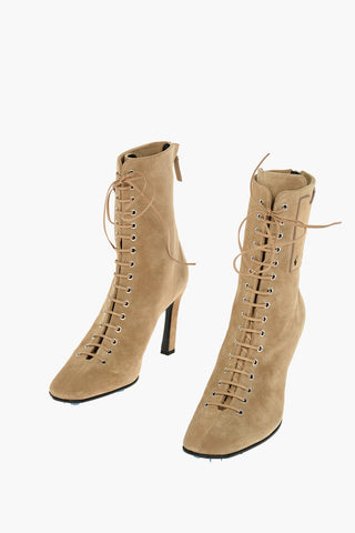 Suede Lace-up Ankle Booties with Logoed Side Card Holder 10cm