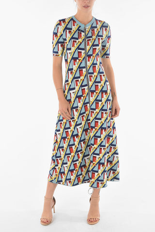 Vestito Lungo con Zip Frontale e Motivo Geometrico
