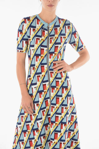 Vestito Lungo con Zip Frontale e Motivo Geometrico