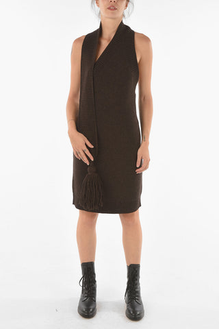 Shetland Wool Open-back Minidress embellished with Tassels