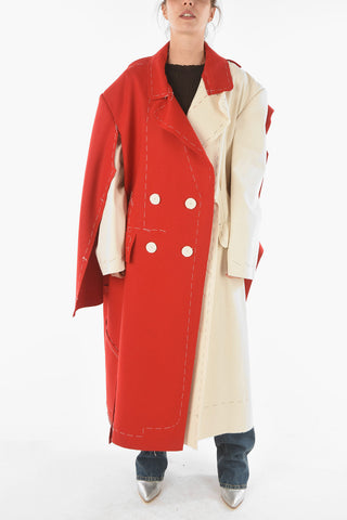 Double-breasted Two-tone Maxi Coat with Raw-cut Edges 
