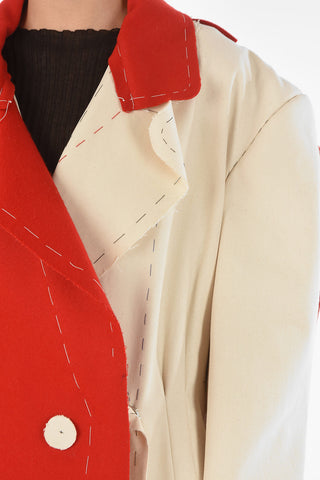Double-breasted Two-tone Maxi Coat with Raw-cut Edges 