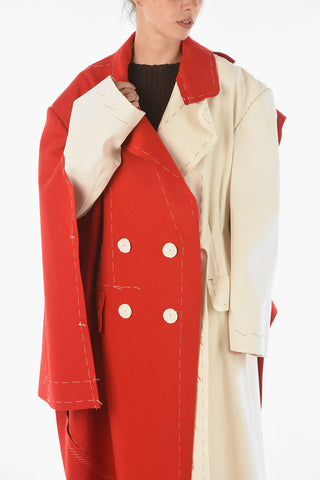 Double-breasted Two-tone Maxi Coat with Raw-cut Edges 