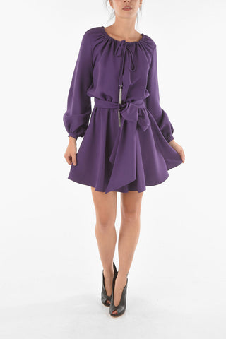 Wool Silk Short Dress with Peasent Sleeves and Drawstrings