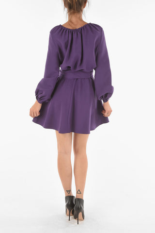 Wool Silk Short Dress with Peasent Sleeves and Drawstrings