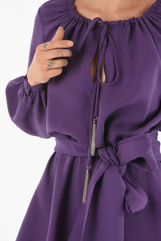 Wool Silk Short Dress with Peasent Sleeves and Drawstrings